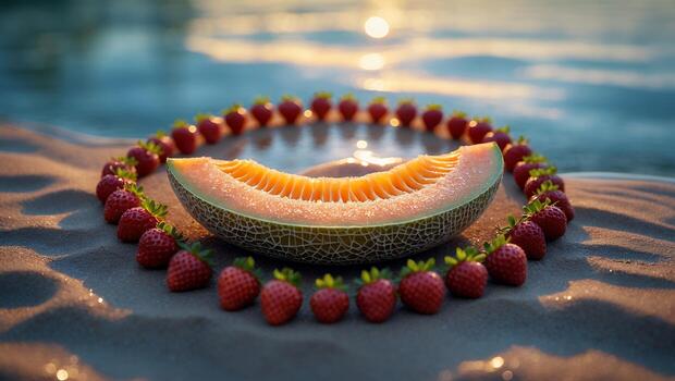 Cantaloupe and Strawberries on Beach photo