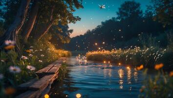 River with Fireflies, Wooden Bridge and Flowers at Twilight photo