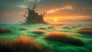 Landscape with Tree Sunrise Grass and Fog photo