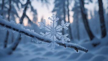 Snowflake on Branch in Winter Forest photo