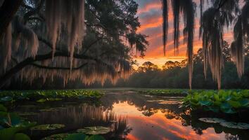 Swamp at Sunset with Moss and Lily Pads photo