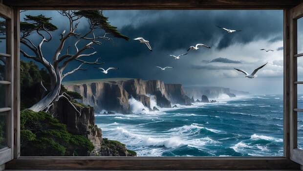 Ocean View From Window Cliff, Wave, and Bird in Scenic Landscape photo