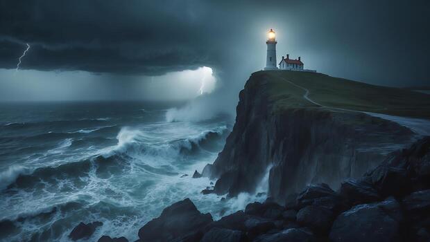 Lighthouse on Cliff During Storm with Lightning and Ocean Waves photo