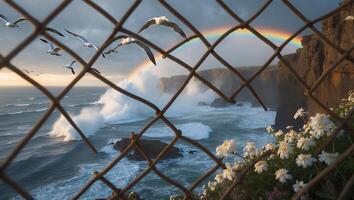 Coastal View of Cliff and Ocean Waves with Rainbow and Seagulls photo