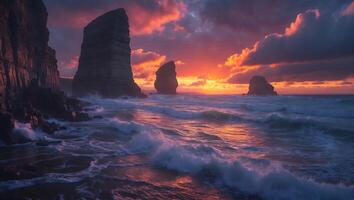 Coastal Cliffs and Sunset Over Ocean Waves photo