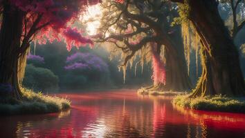 Tranquil Water Landscape with Colorful Trees photo