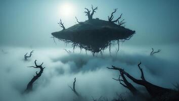 Floating Island in Mist with Dead Trees photo