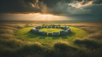 Stone Circle on Green Hill Under Dramatic Sky in Rural Landscape photo