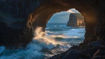 Ocean Wave Through Rock Arch Formation photo