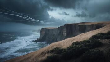 Coastal Cliff with Waves and Moody Sky photo