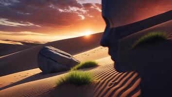 Sand Dune Landscape with Rock and Sunrise photo