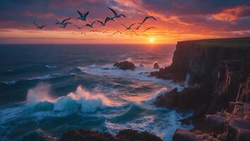 Ocean Sunset with Birds and Cliff Coastline photo