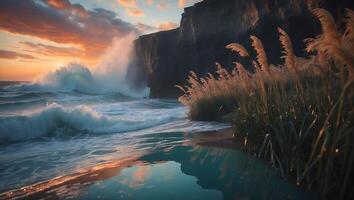 A sunset with waves crashing against the shore photo