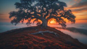 Lone Tree on Hill at Sunset Above Clouds photo