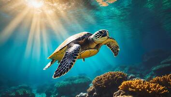 A turtle swimming in the ocean with sunlight shining through the water photo