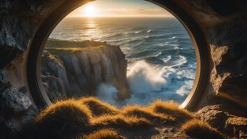 Ocean View From Stone Window at Sunset photo