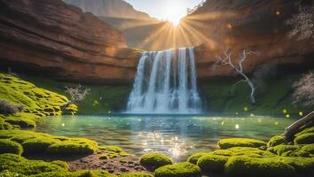 Scenic Waterfall with Mossy Banks and Sunlight photo
