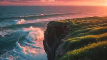 A cliff overlooking the ocean at sunset photo