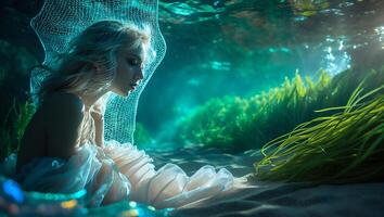 Woman with Net in Ocean with Seaweed and Sand photo