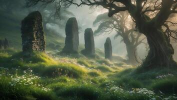 Standing Stones in Misty Field with Tree photo