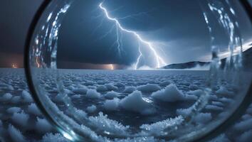 Lightning Strike Over Icy Landscape Viewed Through Glass Object photo