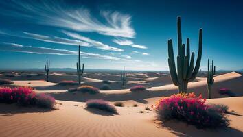 Desert Landscape with Cactus, Dunes and Blue Sky photo