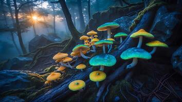 Mushroom Colony at Sunrise in Forest photo