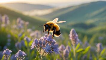 Bee on Flower in Mountain Field photo