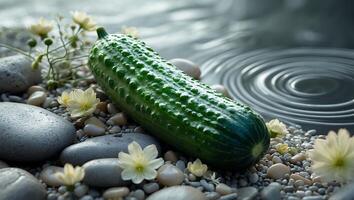 Green Cucumber on Pebble Stone with Flower and Water photo
