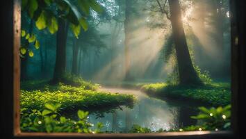Sunlit Forest Scene with Creek Viewed Through a Window photo