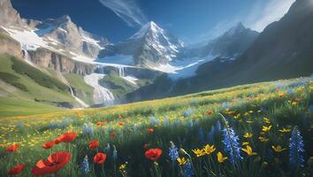 Mountain with Waterfall and Wildflower Meadow photo