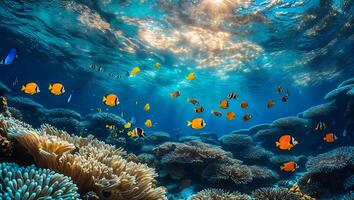 Coral Reef with Tropical Fish in Blue Ocean Water photo