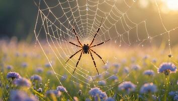 Spider on Dew Covered Web in Field of Flowers photo