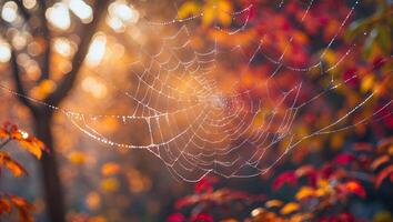 Dew Covered Spiderweb in Autumn Forest photo