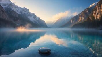 Lake with Snow Covered Mountains and Reflections During Sunrise photo