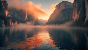 Mountain Reflecting in Lake at Sunset photo