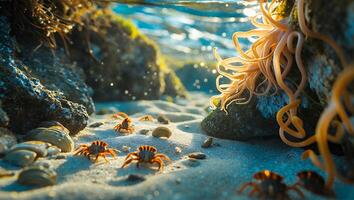 Crab and Anemone on Sand Beach photo