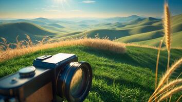 Camera in Green Hills Landscape Photograph photo