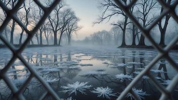 Frozen Pond with Ice Flowers and Bare Trees Through Wire Fence photo