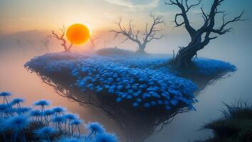 Floating Island with Blue Flowers and Setting Sun photo