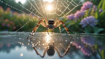 Spider on Web with Dew Drops and Reflection photo