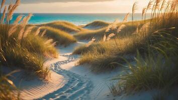 Sand Dune with Beach Grass Along the Shoreline photo
