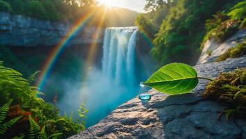 Waterfall with Rainbow and Leaf Detail Nature Photography photo