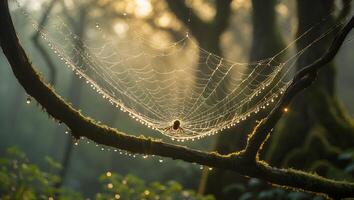 Spider on Web with Dew in Forest photo