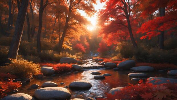 Autumn Forest River Flowing Through Fall Landscape photo