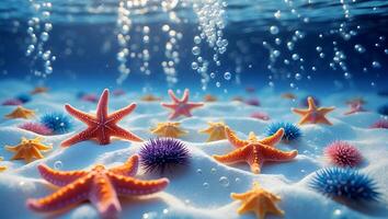 Starfish and Urchin Underwater on Sand photo