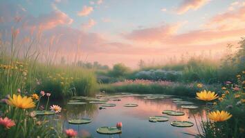 Peaceful Pond with Water Lilies and Wildflowers at Sunset photo