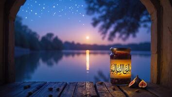 Jar with Figs on Wooden Table Overlooking Lake at Dusk photo