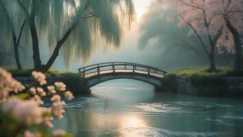 Arched Bridge Over River in Misty Park photo