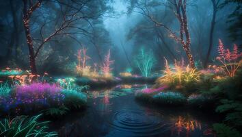 Luminous Plants Reflecting in Forest Stream photo